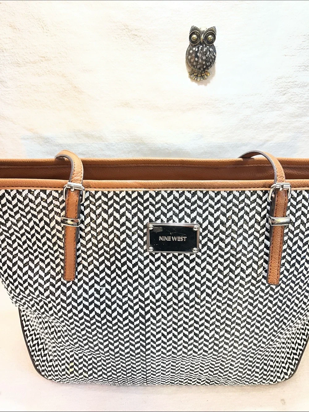 Nine West | Bags | Nine West Black And White Woven Tote With Tan Trim ...